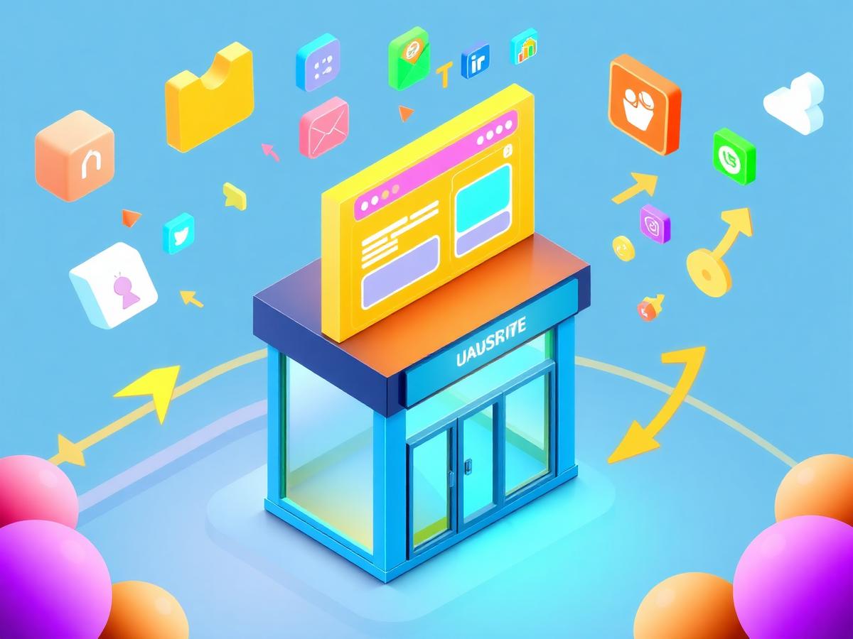 Illustration of a shopfront surrounded by social and advertising channels
